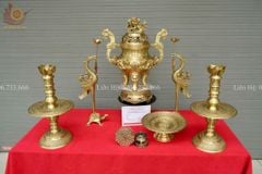 Bộ Đỉnh Đồng Ngũ Sự Đồng Vàng Song Long Chầu Nguyệt Cao 60 Cm+ Mâm 30