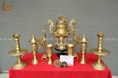 Bộ Ngũ Sự Bằng Đồng Vàng Song Long Chầu Nguyệt Cao 60 Cm+ Đèn Cao 43cm+ Ống hương 29