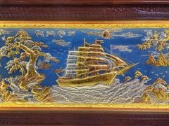 Tranh Thuận Buồm Xuôi Gió Nền Xanh Dát Tam Khí Kích Thước 243 x 133 - Khung Đục Triện Hoa Văn.