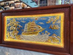 Tranh Thuận Buồm Xuôi Gió Nền Xanh Dát Tam Khí Kích Thước 243 x 133 - Khung Đục Triện Hoa Văn.
