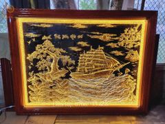 Tranh Thuận Buồm Xuôi Gió Kích Thước 198 x150 Cm Đồng Vàng Nền Đen Dát Vàng-  Khung Gỗ Sồi Nga Trơn