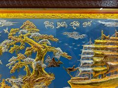 Tranh Thuận Buồm Xuôi Gió Nền Xanh Dát Tam Khí Kích Thước 243 x 133 - Khung Đục Triện Hoa Văn.