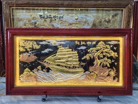 Tranh Đồng Thuận Buồm Xuôi Gió 170*90 Cm Nền Đen Dát Vàng Bạc- Khung Sồi Trơn