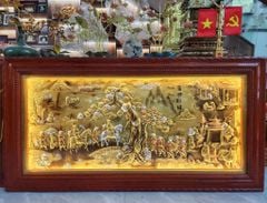 Tranh Đồng Vinh Quy Bái Tổ Kích Thước 155 x 80 Cm Nền Vàng Cạo Xước- Khung Gỗ Hương Đá - Dát Vàng 24k
