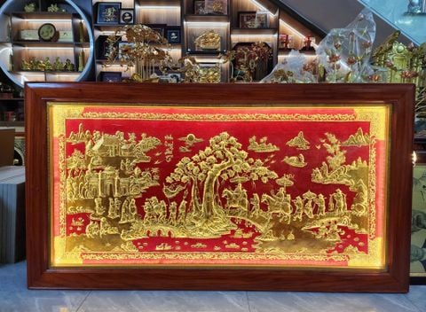 Tranh Đồng Vinh Quy Bái Tổ- Đồng Vàng- Kích Thước 197 x107Cm- Khung Gỗ Hương Đá - Dát Vàng 24k