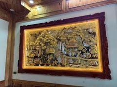 Tranh Đồng Quê Cội Nguồn Quê Hương Nền Vàng Cạo Xước Khung Đục Hoa Tây KT 255-155