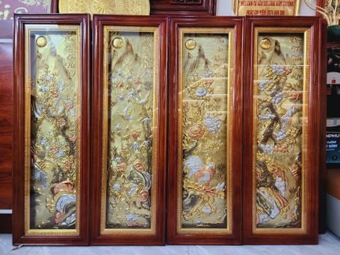 Tranh Tứ Quý Bằng Đồng Vàng Cạo Xước Kích Thước 120*40 Cm