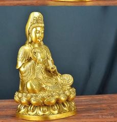 Tượng Đồng Phật Quan Âm Cao 39cm- Áo Hoa - Đồng vàng (MS10)