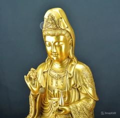 Tượng Đồng Phật Quan Âm Cao 39cm- Áo Hoa - Đồng vàng (MS10)