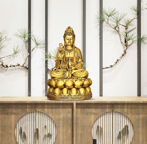 Tượng Đồng Phật Quan Âm Cầm Cành Liễu -  Đồng vàng (MS11)