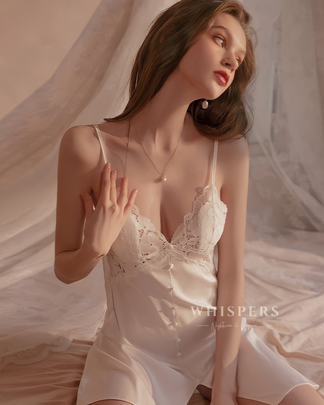 Dottie Dress  Váy ngủ lụa nhấn dọc nút xẻ tà  Whispers