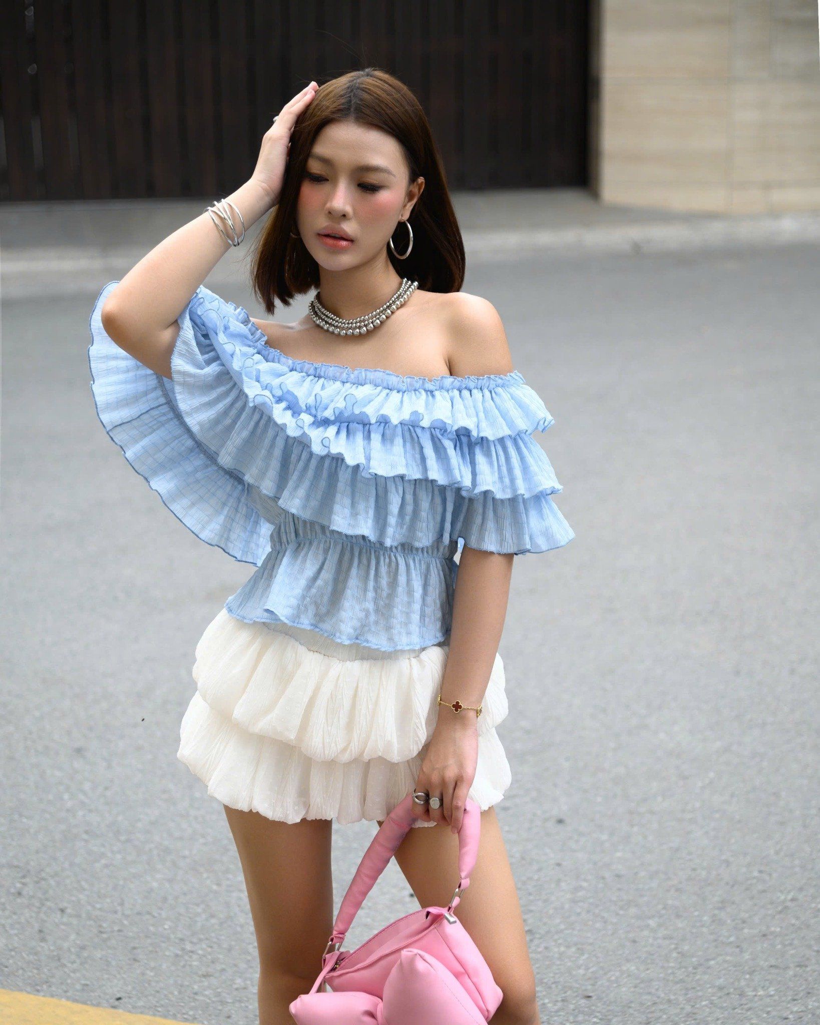  [ MẶC 4 KIỂU ] Áo Nữ Trễ Vai PUDDING MADMIND - Màu Xanh Biển 