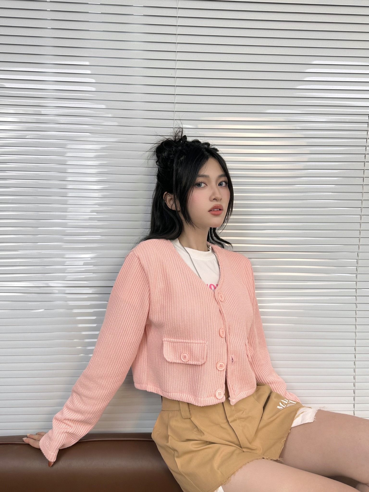  Áo Croptop Len Tay Dài Cropped Wool Jacket - Màu Hồng 