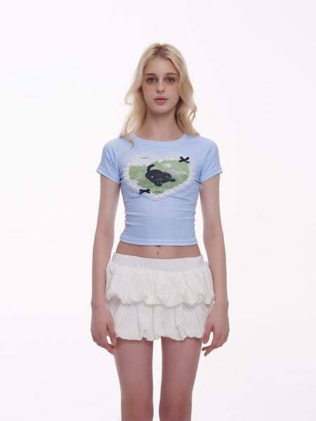  Áo Thun Nữ Form Ôm Body Họa Tiết Phối Ren Rora MADMIND - Màu Xanh Dương 