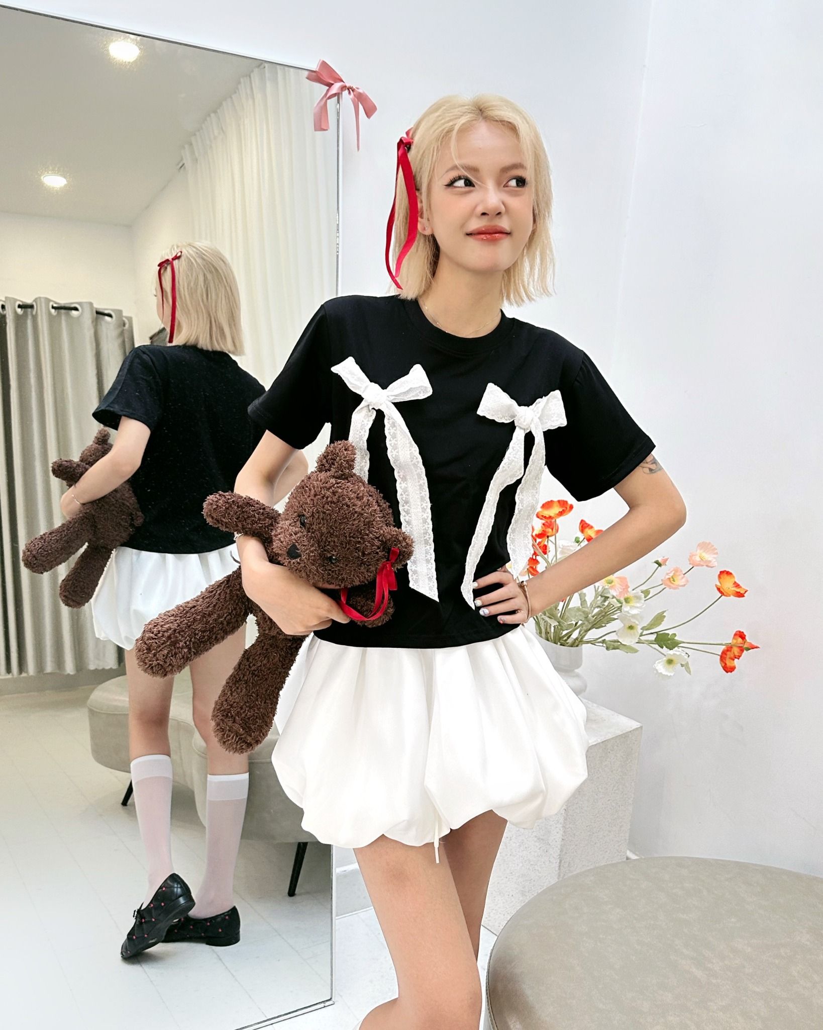  Áo Thun Form Baby Phối Nơ Double Cute Madmind - Màu Đen 