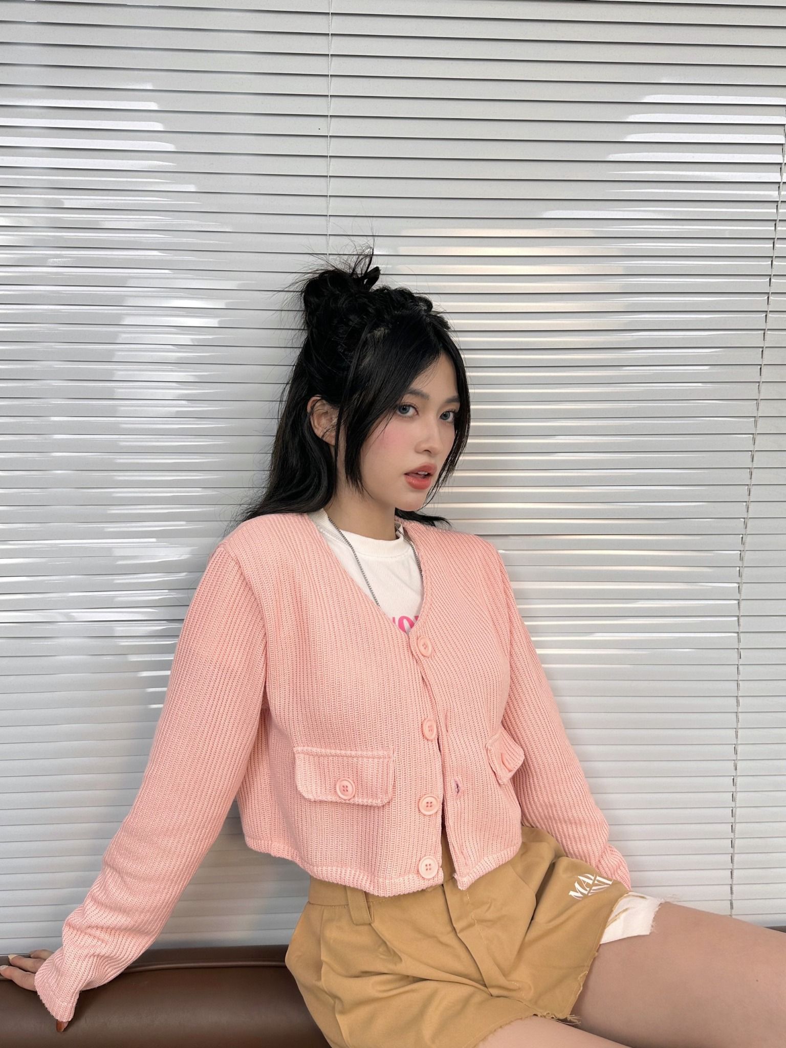  Áo Croptop Len Tay Dài Cropped Wool Jacket - Màu Hồng 