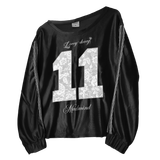  Áo Thun Nữ Lệch Vai Tay Dài Họa Tiết Phối 2 Sọc Ren Fancy Sweater MADMIND - Màu Đen 