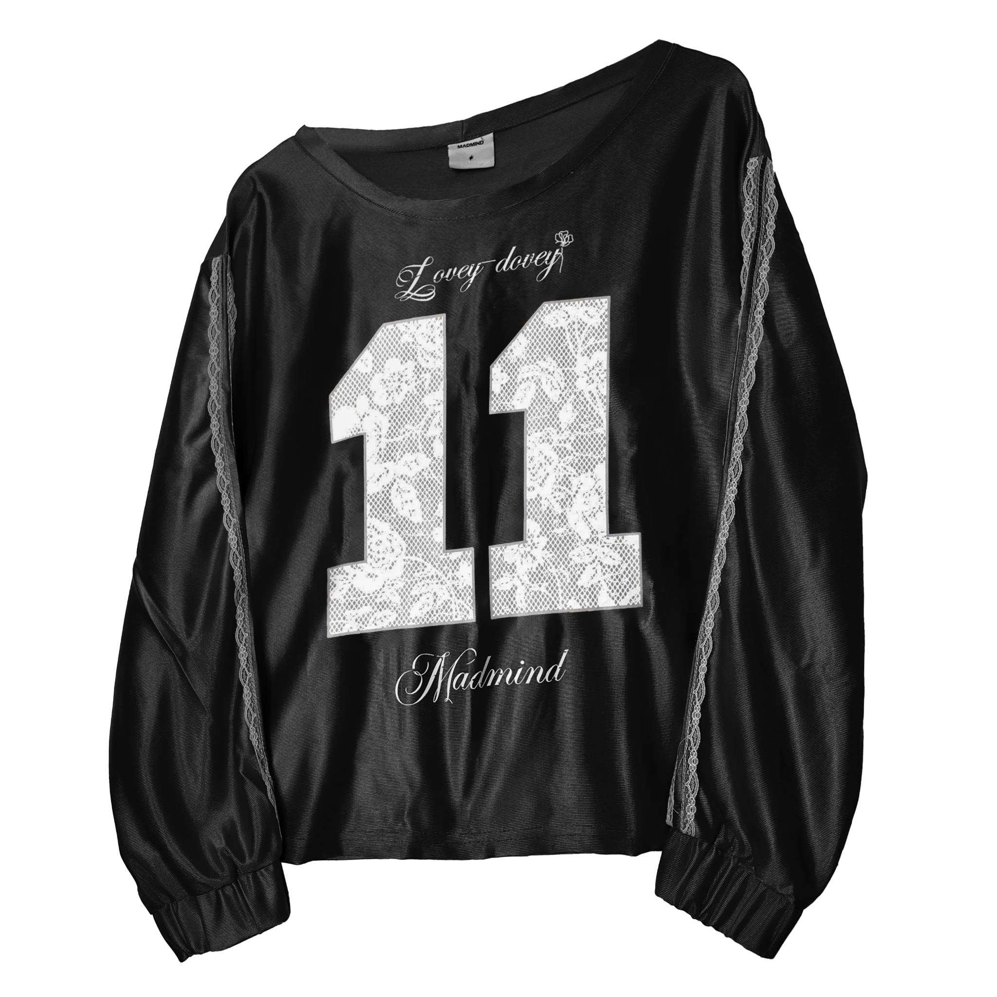  Áo Thun Nữ Lệch Vai Tay Dài Họa Tiết Phối 2 Sọc Ren Fancy Sweater MADMIND - Màu Đen 