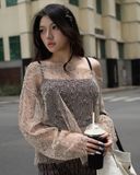  Áo Nữ Lưới Trễ Vai CHIC MADMIND - Màu Nâu 