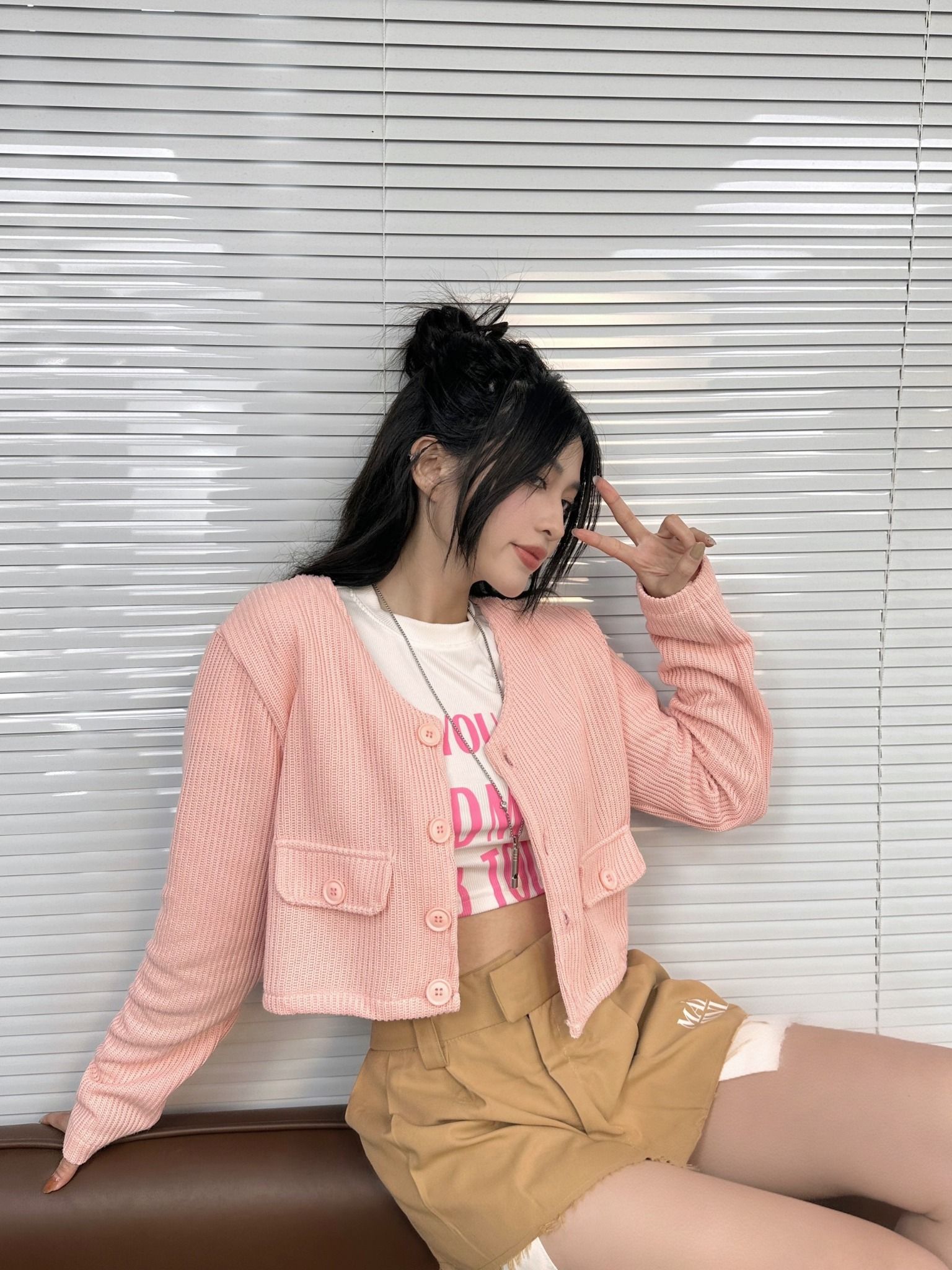  Áo Croptop Len Tay Dài Cropped Wool Jacket - Màu Hồng 