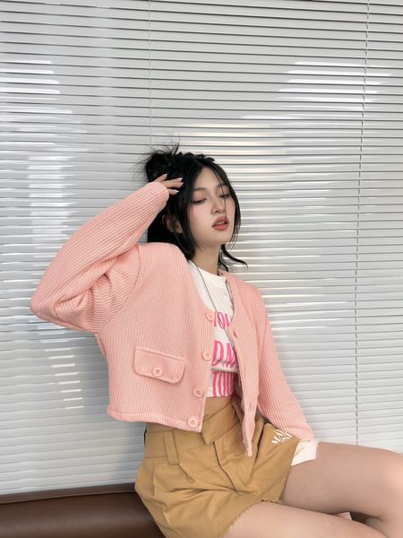  Áo Croptop Len Tay Dài Cropped Wool Jacket - Màu Hồng 
