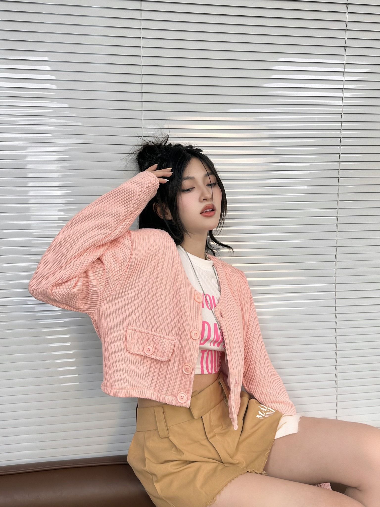  Áo Croptop Len Tay Dài Cropped Wool Jacket - Màu Hồng 
