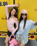  Áo Thun Len Nữ Trễ Vai Ôm Body Tay Dài Họa Tiết Đính Đá Twinkle Top MADMIND - Áo Lệch Vai Màu Hồng 