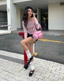  Áo Thun Len Nữ Trễ Vai Ôm Body Tay Dài Họa Tiết Đính Đá Twinkle Top MADMIND - Áo Lệch Vai Màu Hồng 