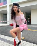  Áo Thun Len Nữ Trễ Vai Ôm Body Tay Dài Họa Tiết Đính Đá Twinkle Top MADMIND - Áo Lệch Vai Màu Hồng 