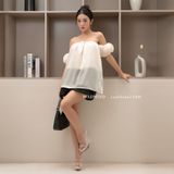  Áo Kiểu Trễ Vai Tay Phồng Vải Tơ Organza Cao Cấp Ivy Top Madmind - Tay Ngắn Màu Be 
