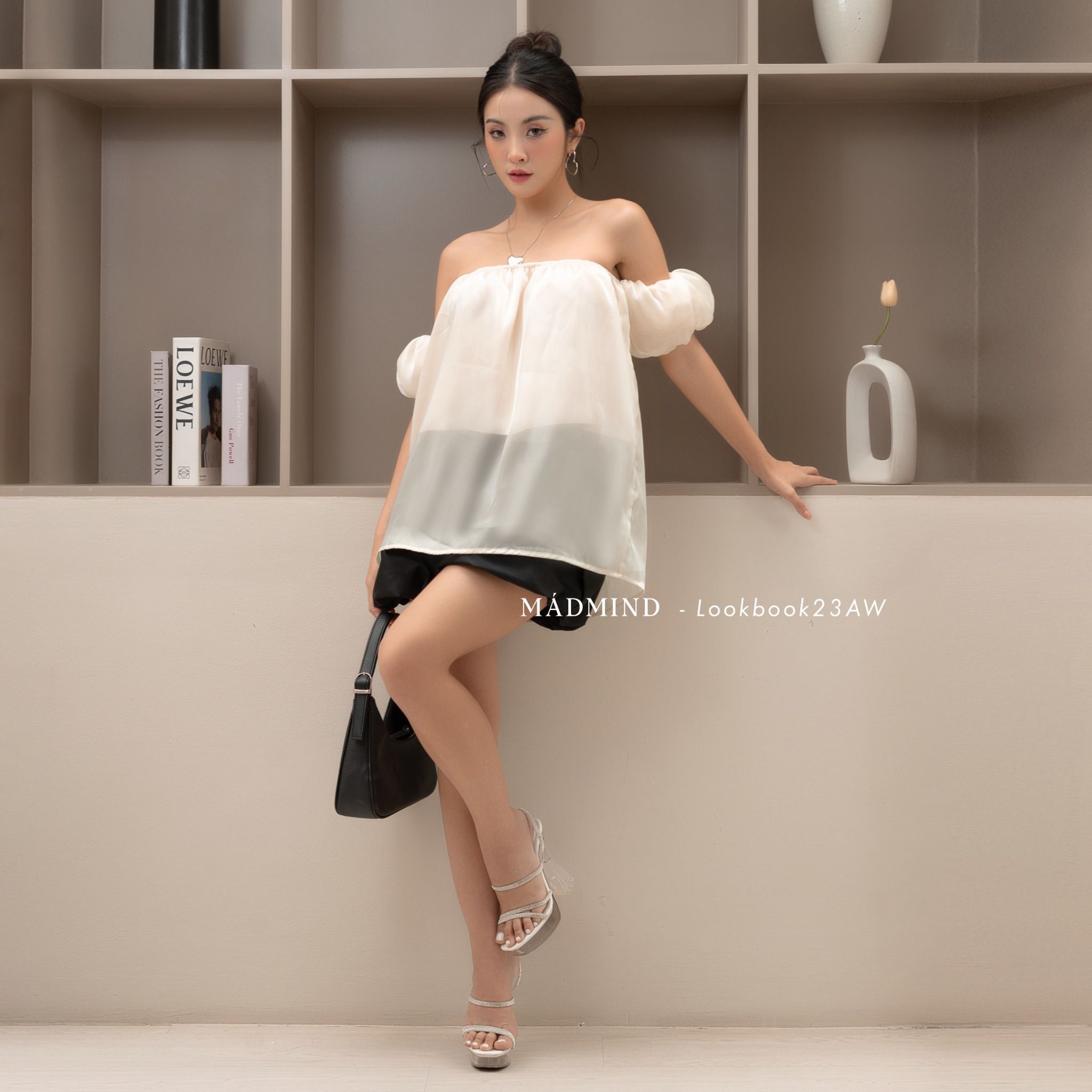  Áo Kiểu Trễ Vai Tay Phồng Vải Tơ Organza Cao Cấp Ivy Top Madmind - Tay Ngắn Màu Be 