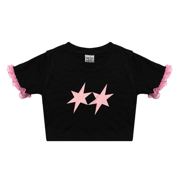  Áo Thun CropTop Tay Ngắn Ôm Body Ren Hồng Lace Madmind - Màu Đen 