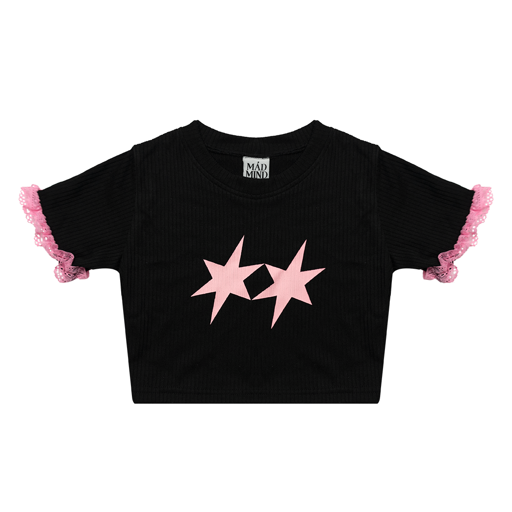  Áo Thun CropTop Tay Ngắn Ôm Body Ren Hồng Lace Madmind - Màu Đen 