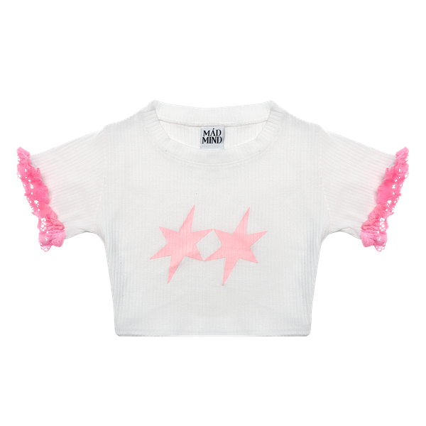  Áo Thun CropTop Tay Ngắn Ôm Body Ren Hồng Lace Madmind - Màu Trắng 