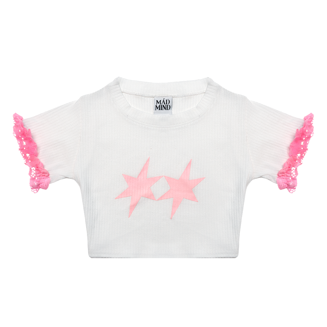  Áo Thun CropTop Tay Ngắn Ôm Body Ren Hồng Lace Madmind - Màu Trắng 