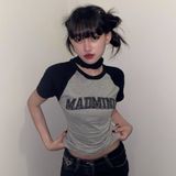  Áo Thun Nữ Cotton Raglan Logo Madmind Form Ôm Body Màu Xám Phối Tay Đen 