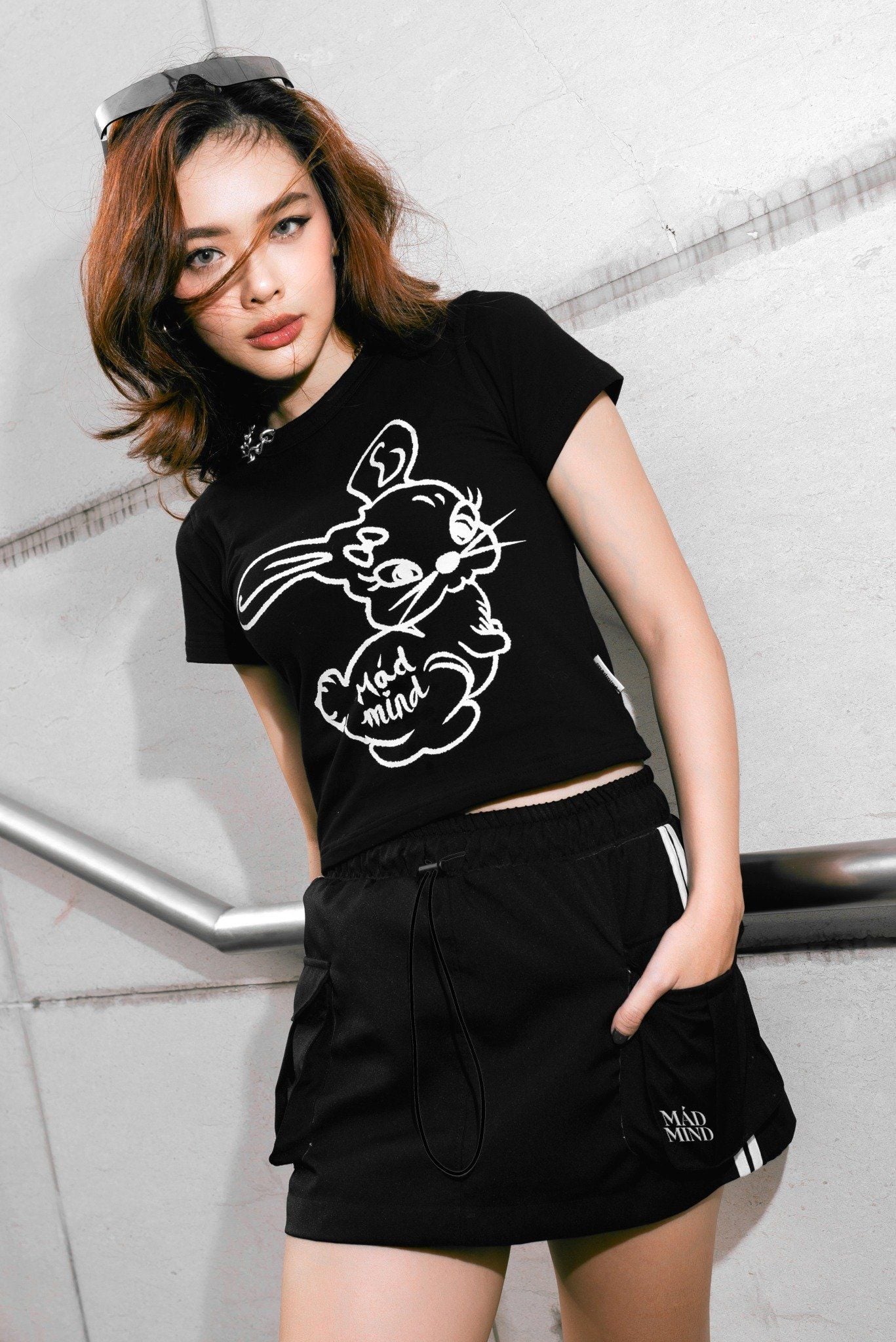  Váy 2 Sọc Túi Hộp 2 Stripe Pocket Mini Skirt Màu Đen 