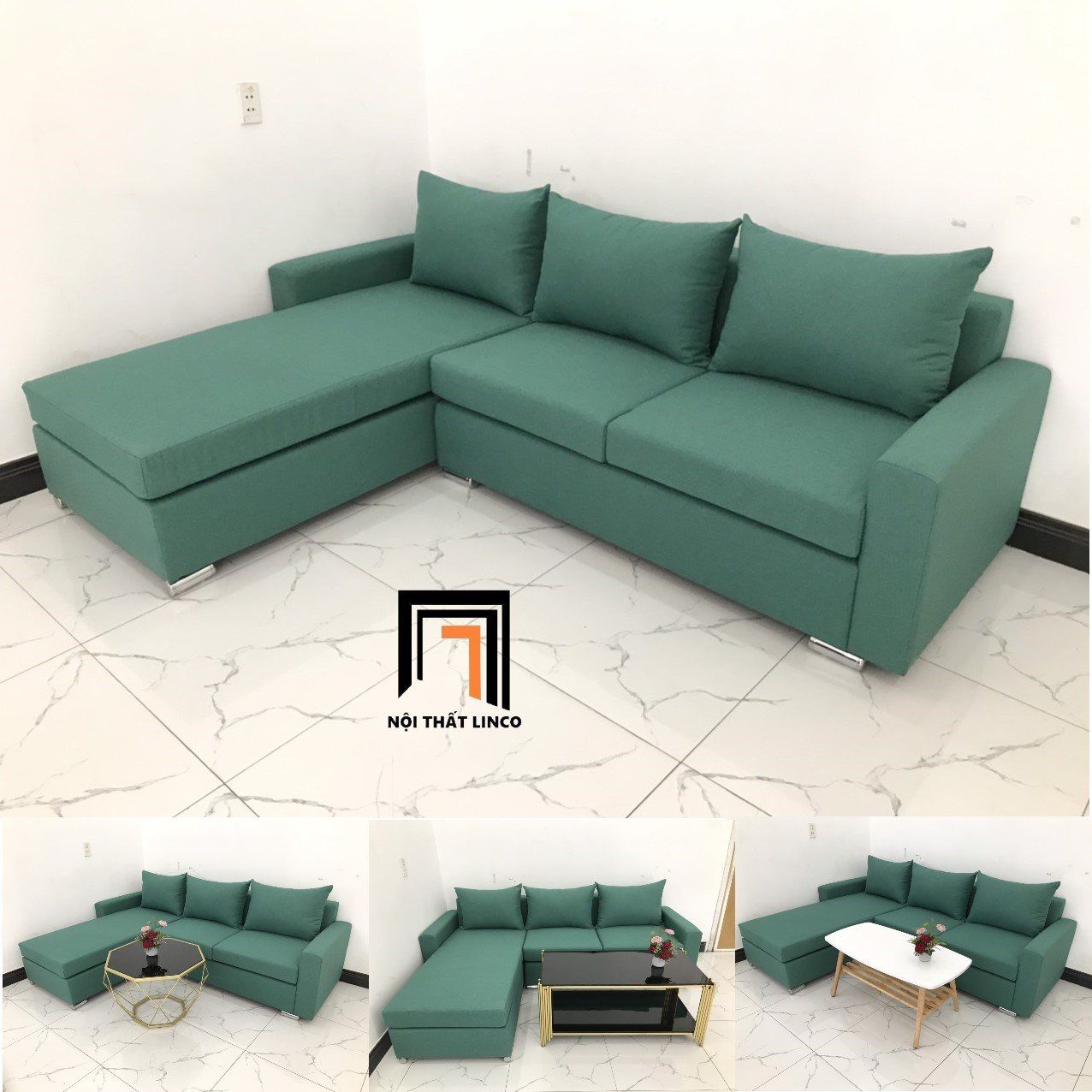  Bộ bàn ghế sofa góc chữ L 2m2 x 1m6 phòng khách màu xanh ngọc 