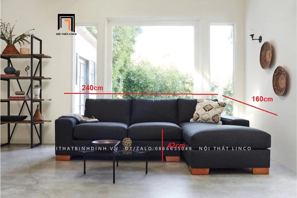  Bộ ghế sofa góc L GT14 Melrose 2m4 x 1m6 màu xám đen 