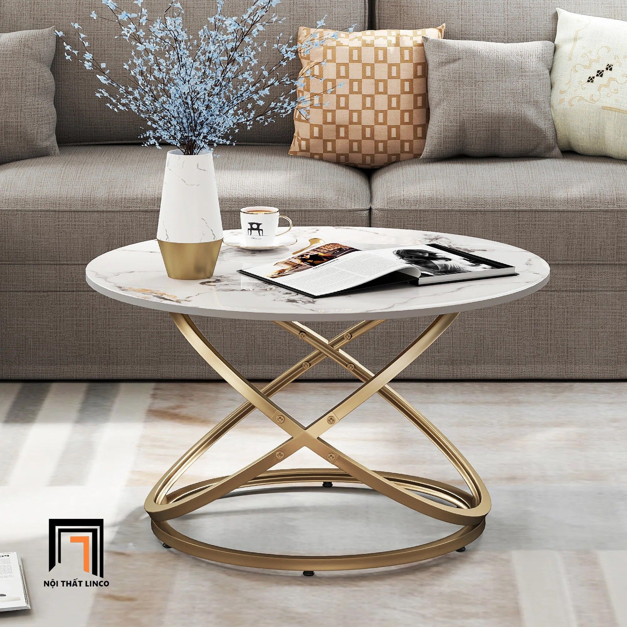  Bàn trà mặt đá tròn BTPK52 Cibec 60cm khung chân uốn cong 