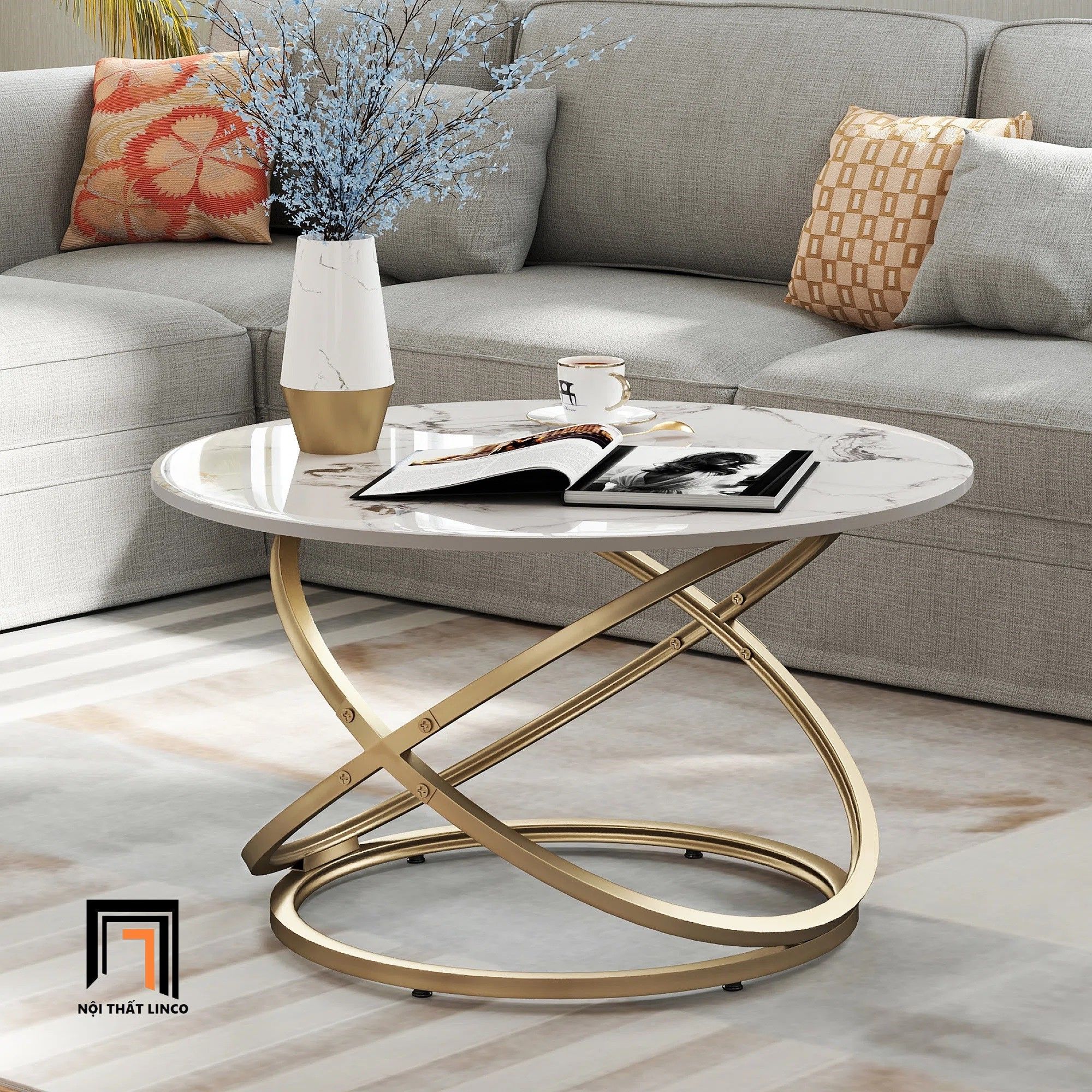  Bàn trà mặt đá tròn BTPK52 Cibec 60cm khung chân uốn cong 