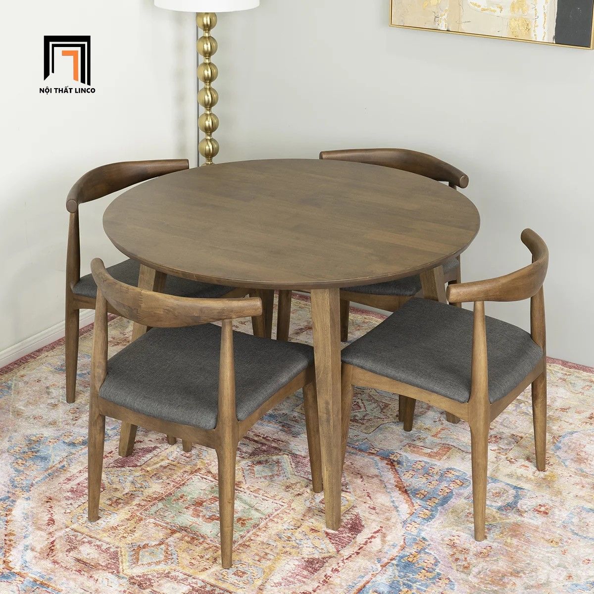  Bộ bàn ăn tròn gỗ cao su 44-KH4-G12-B93 4 ghế màu nâu cafe 