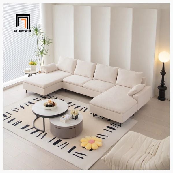 bộ ghế sofa U vải nỉ trắng kem