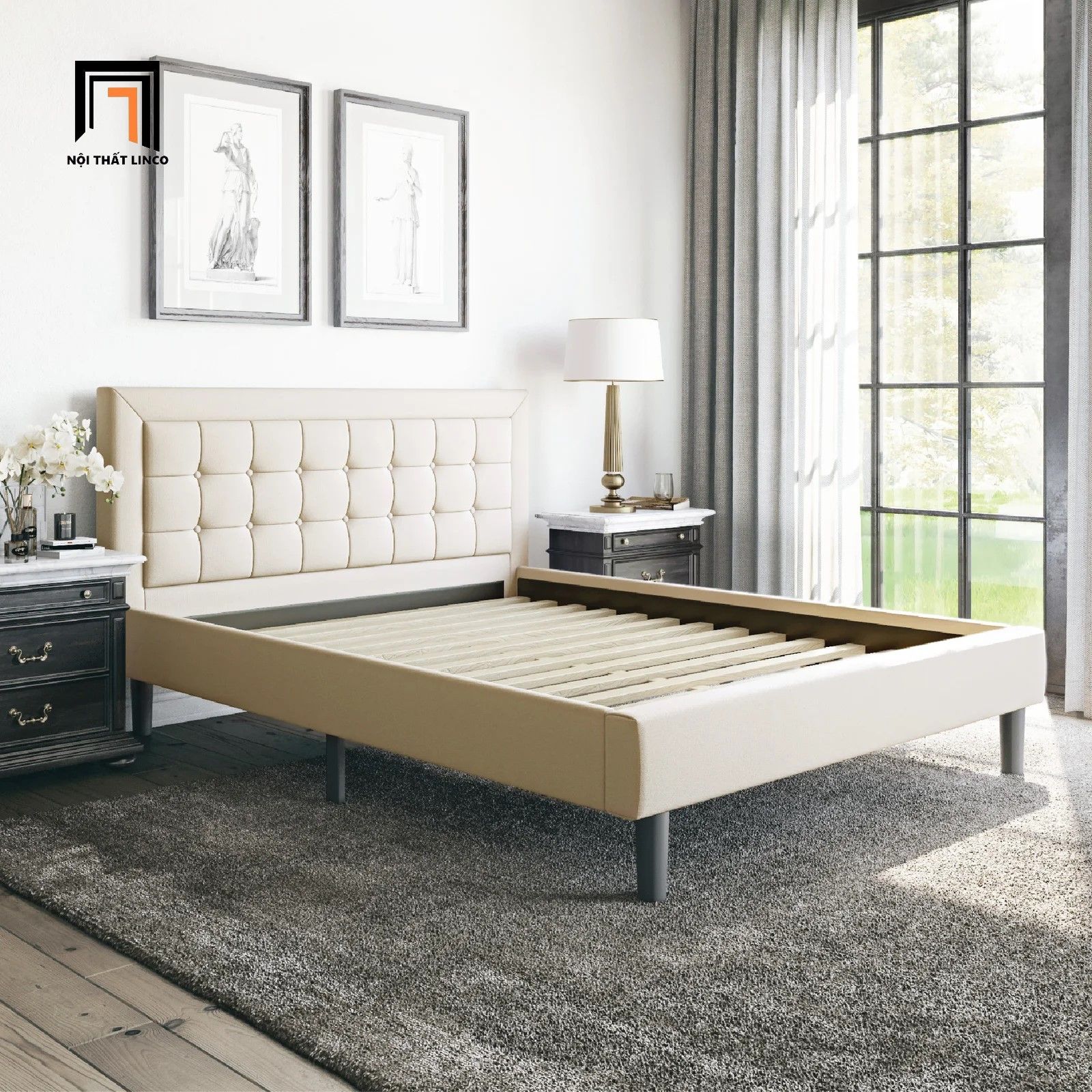  Giường ngủ vải nỉ trắng kem GN3 Pinheiro cho căn hộ chung cư 