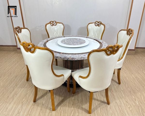  Bộ bàn ăn mặt đá tròn đẹp GF35-BAD6-G32-B363 6 ghế da Pu 