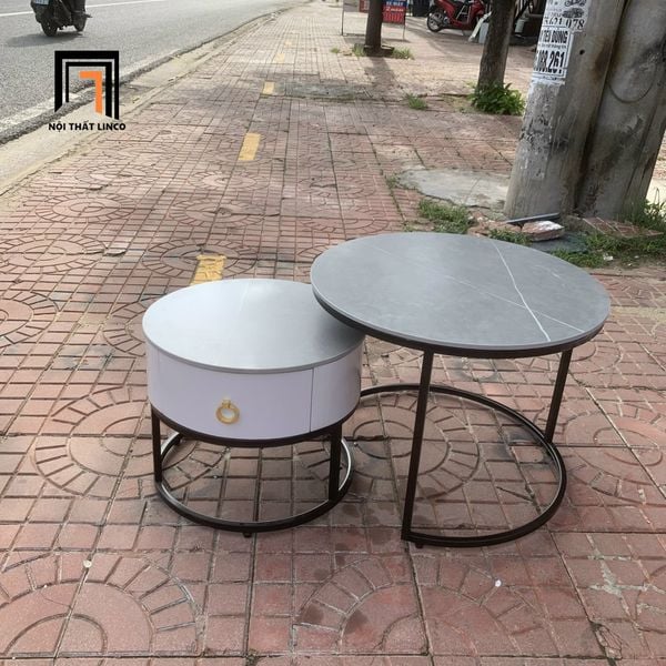 cặp bàn trà hình tròn mặt đá xám