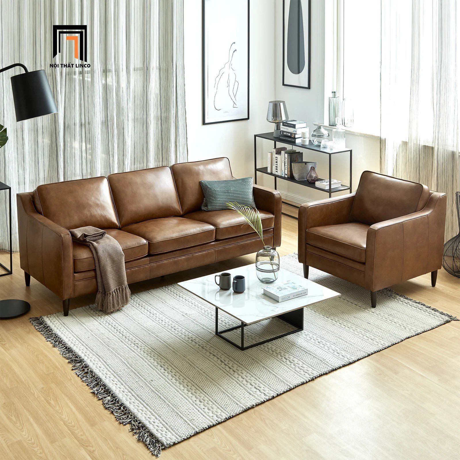  Bộ ghế sofa phòng khách sang trọng KT17 Abbot da giả màu nâu 