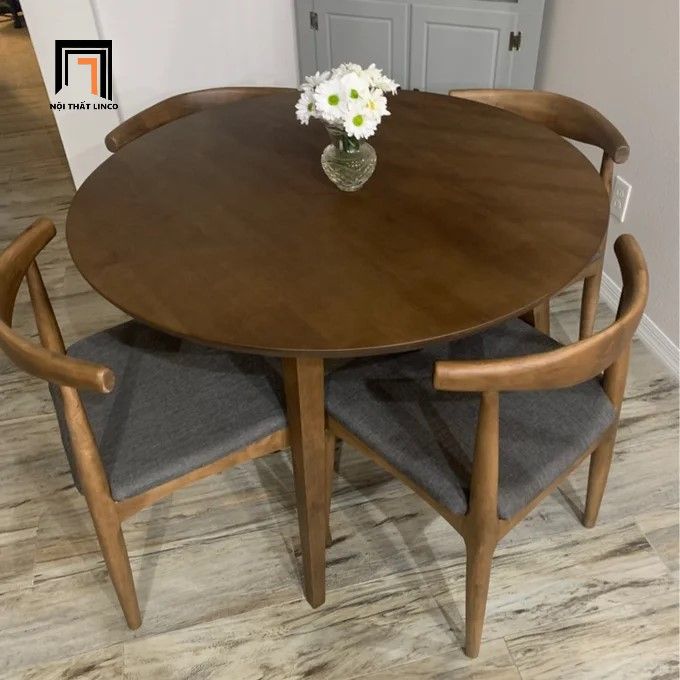  Bộ bàn ăn tròn gỗ cao su 44-KH4-G12-B93 4 ghế màu nâu cafe 