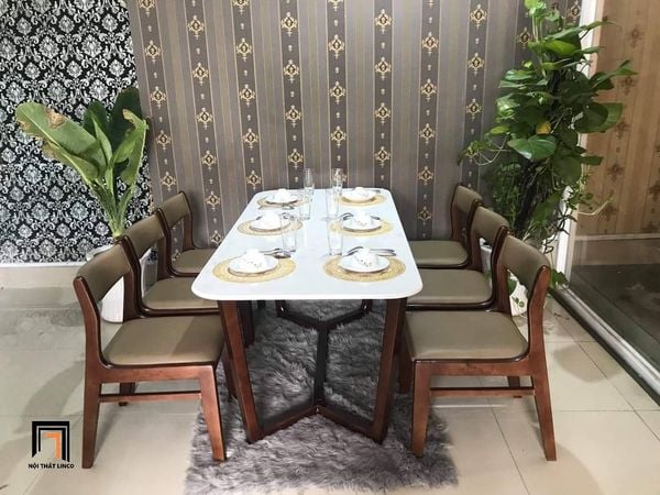 bộ bàn ăn 6 ghế gỗ mặt bàn sơn trắng