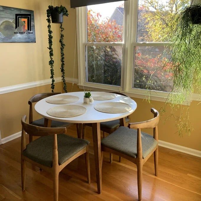  Bộ bàn ăn tròn gỗ cao su 44-KH4-G12-B93 4 ghế màu nâu cafe 